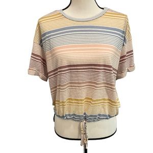 American Eagle Womens Top Medium Pink Blue Yellow Stripes Drawstring with Tie